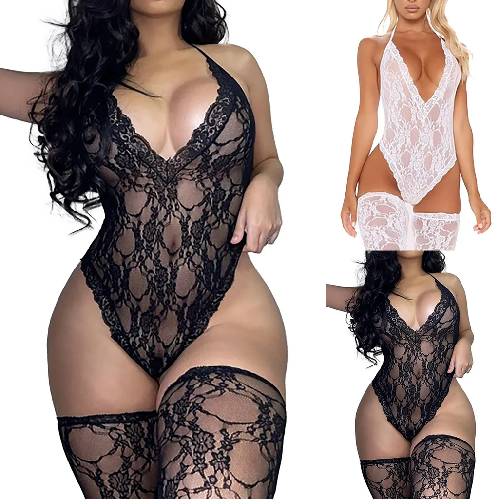 Midnight Lace Bodysuit & Stockings Set
