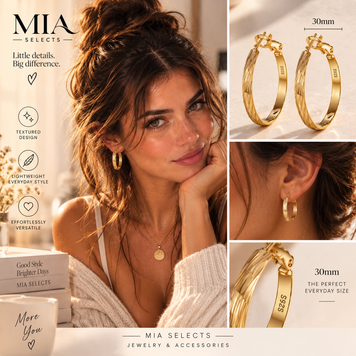 Textured Gold Hoop Earrings – 30mm