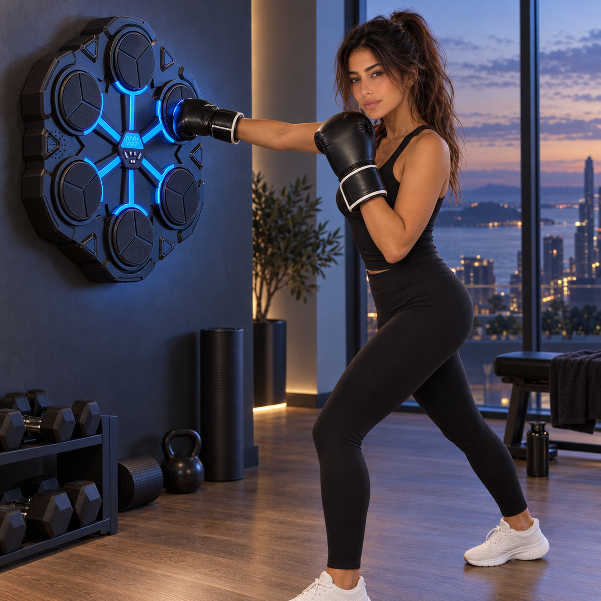 Mia training with the RhythmStrike interactive wall-mounted boxing trainer